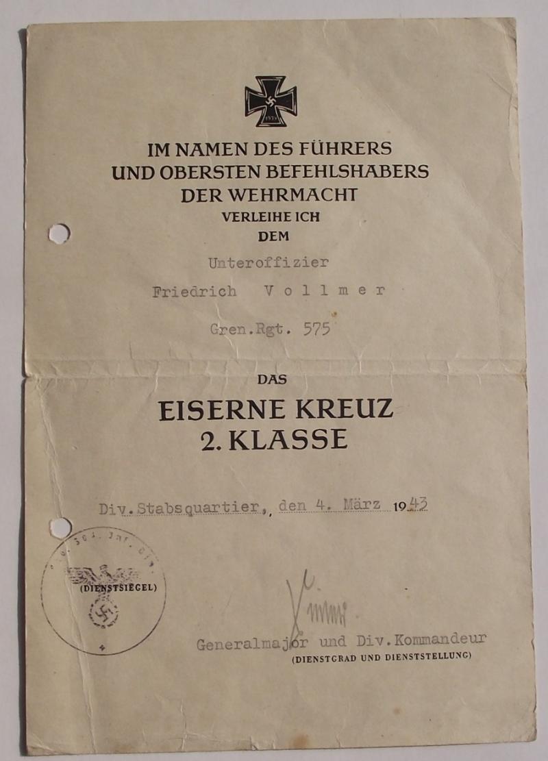 Iron Cross 2nd Class Award Document. 1943. Gren.Regt.575. Signed by Ernst Sieler, RK Winner.