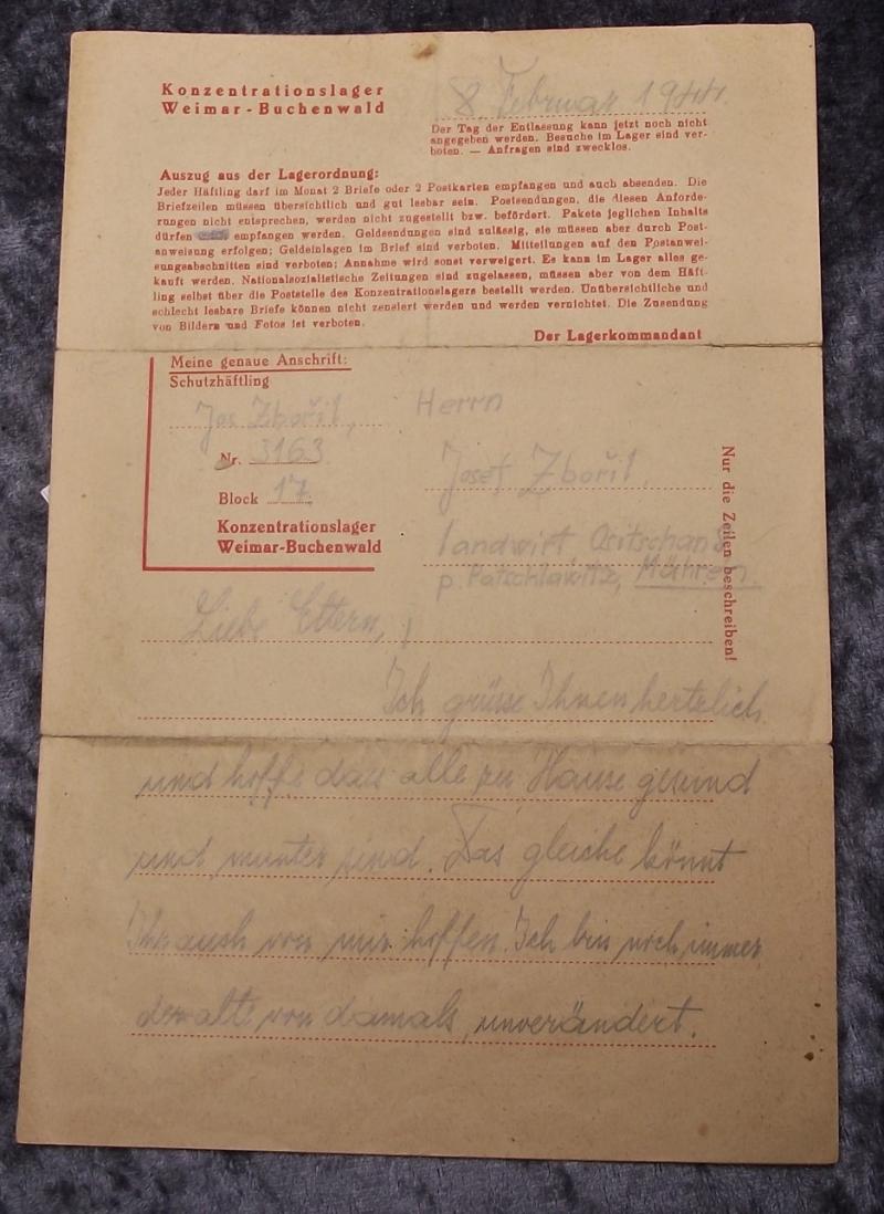 Czech Prisoner Weimar-Buchenwald Concentration Camp Letter.