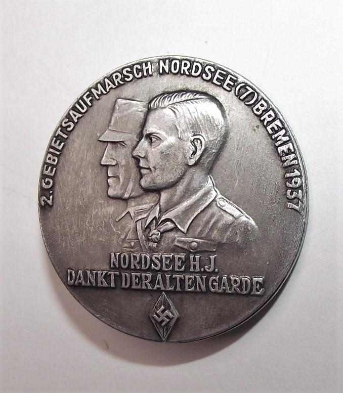 1937 Dated Hitler Youth Auf Marsch, Nordsee, Bremen Event Badge/Tinnie.