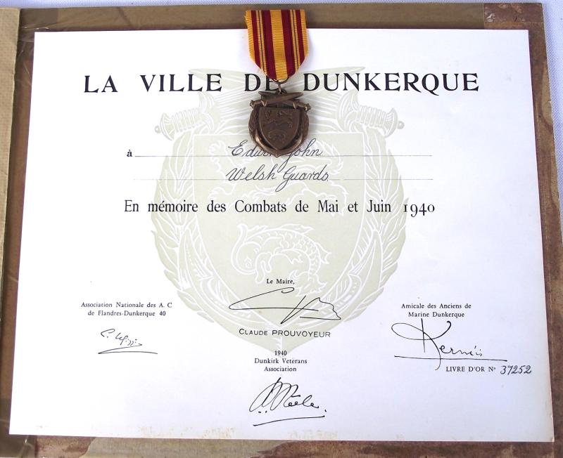 Dunkirk Medal and Certificate. Welsh Guards, Cwmbran South Wales.