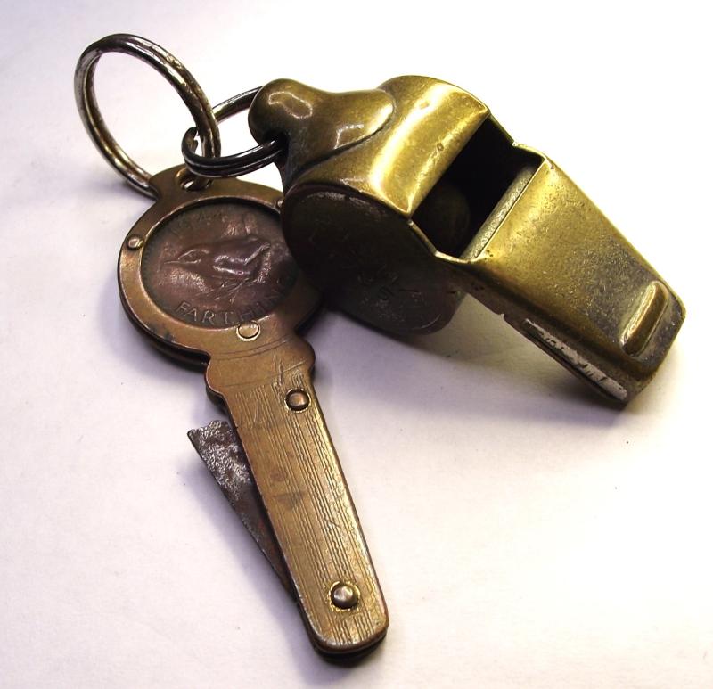 WW2 RAF Ditching Whistle and 1944 Farthing Pen Knife.