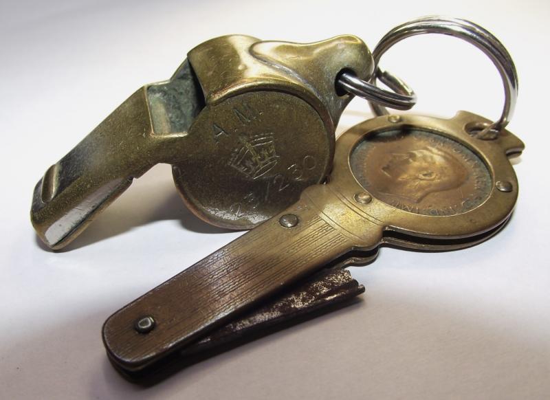 WW2 RAF Ditching Whistle and 1944 Farthing Pen Knife.