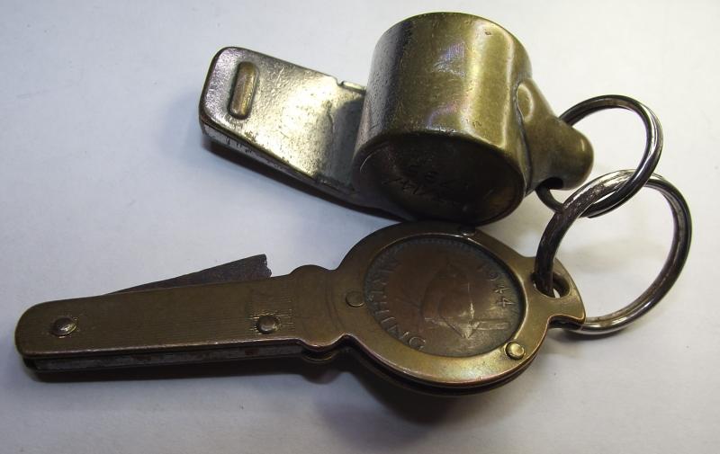 WW2 RAF Ditching Whistle and 1944 Farthing Pen Knife.