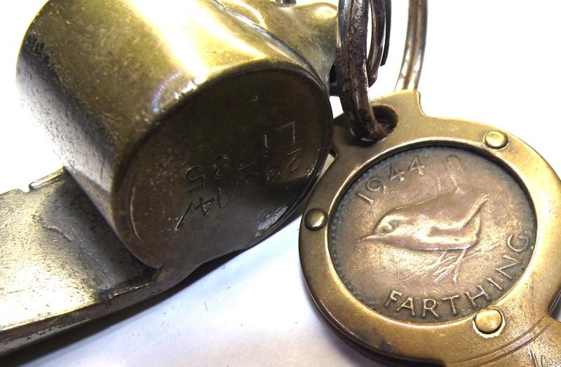 WW2 RAF Ditching Whistle and 1944 Farthing Pen Knife.
