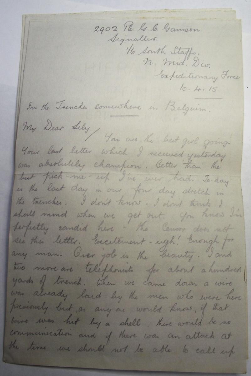 Candid WW1 Letter Home. 1/6 South Staffs, France 1915.