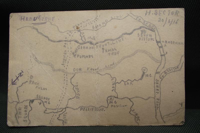 WW1 Frontline MG Position Map Sketch,Hebuterne, H Sector, 20/6/16, Somme and Battle of Pozieres CnC Congrautlatory Signal. Gloucester Regiment.