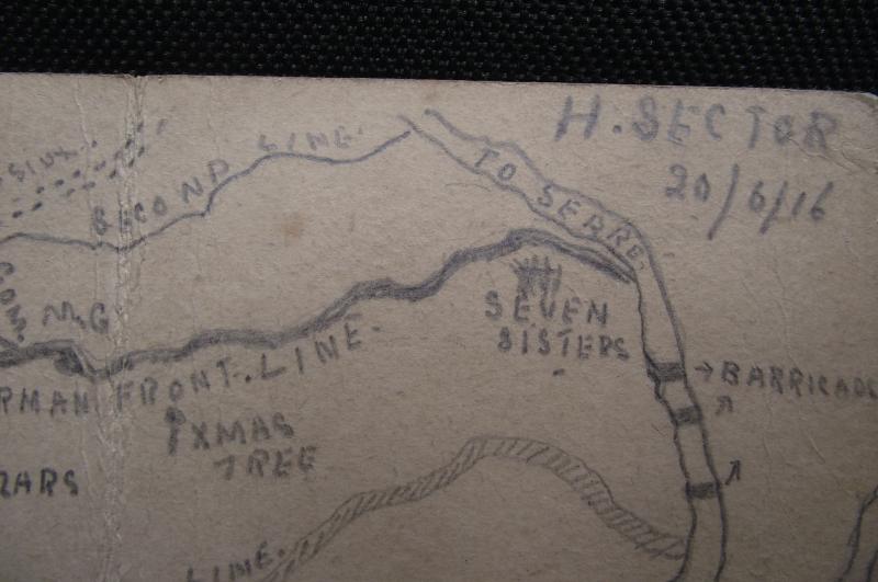 WW1 Frontline MG Position Map Sketch,Hebuterne, H Sector, 20/6/16, Somme and Battle of Pozieres CnC Congrautlatory Signal. Gloucester Regiment.