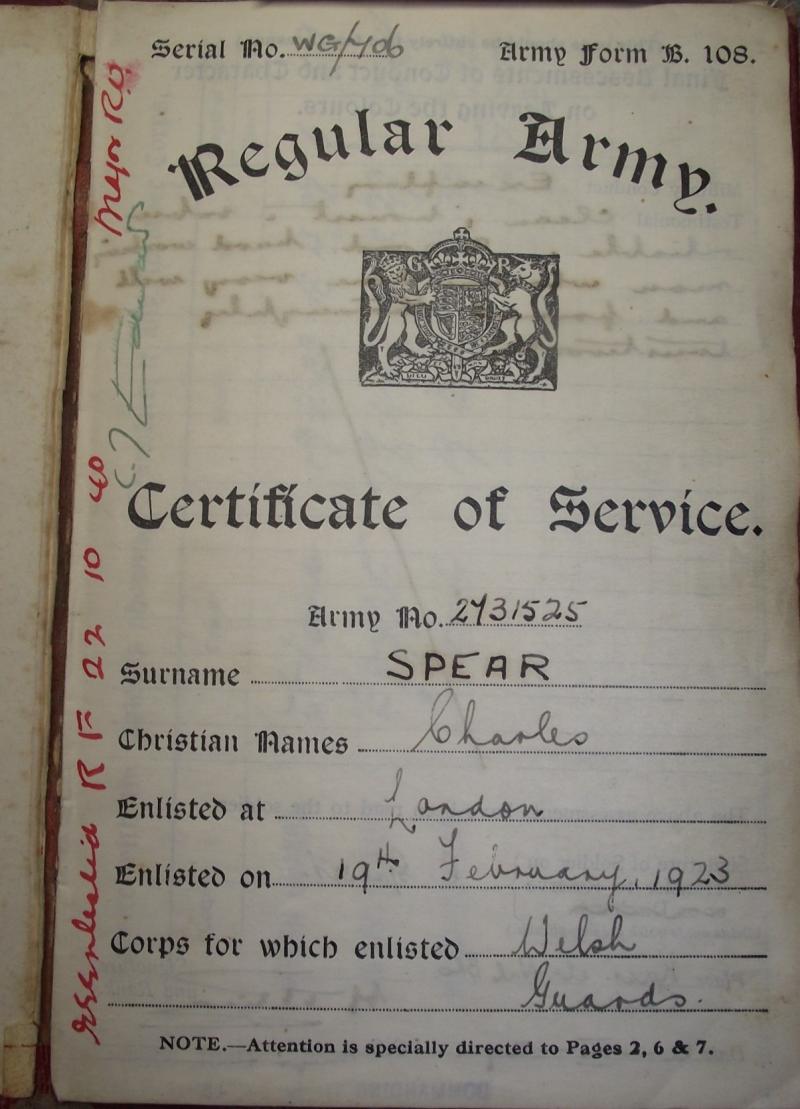 Welsh Guards ''Red Book'', Certificate of Service and 180th Provost Co Letter, 1944.