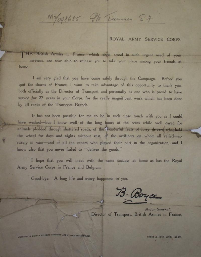 WW1 ASC Mechanical Transport Units Drivers Orders and Letter of Thanks for Service Served.