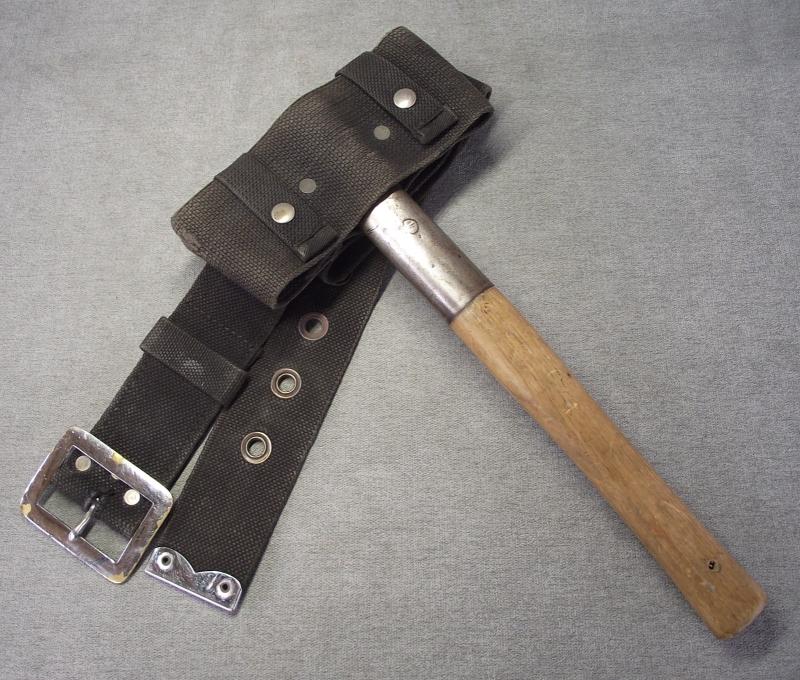 WW2 British George 6th Stamped Fire Fighters Axe and Webbed Axe Case with Belt.