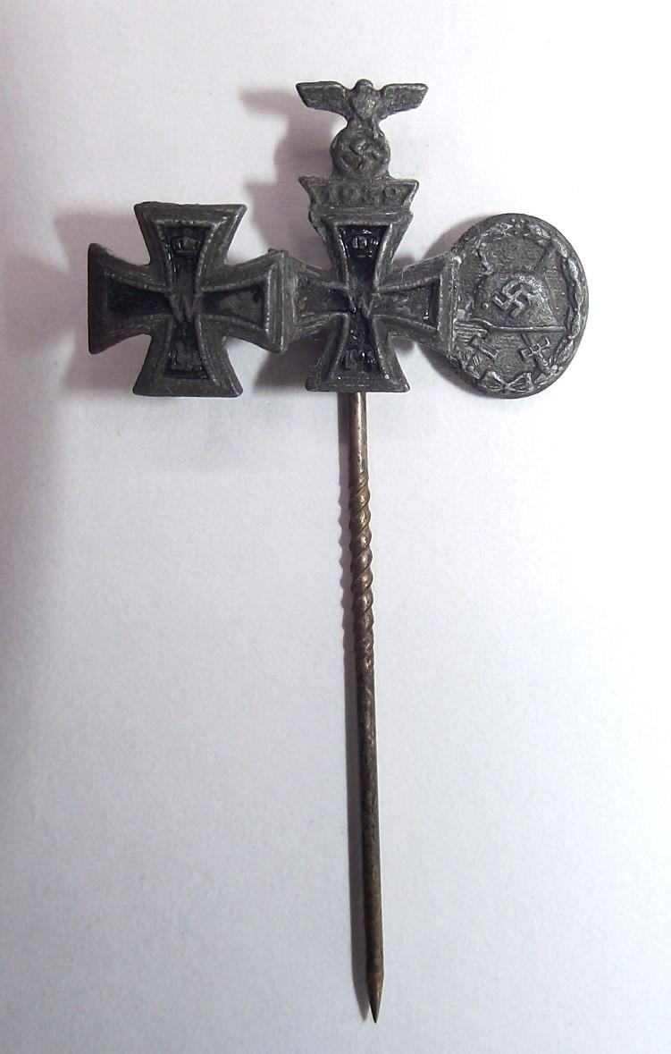 WW2 German Stick Pin. 1914 Iron Cross 2nd Class and 2nd Class Spange, 1939.