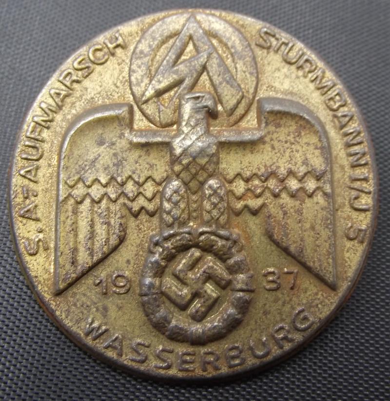 SA Aufmarsch Event Badge/Tinnie. Sturmbann I/J15, Wasserburg, 1937.