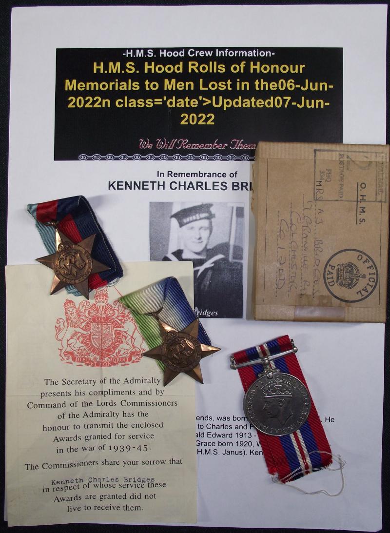 HMS Hood Casualty Medal Group. Kenneth Charles Bridges.