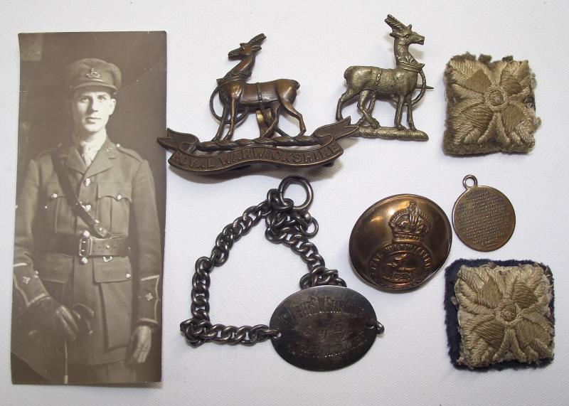 WW1 British Officers Silver Wrist Tag Bracelet, Photo and Badges. 7th Warwickshire Regiment.