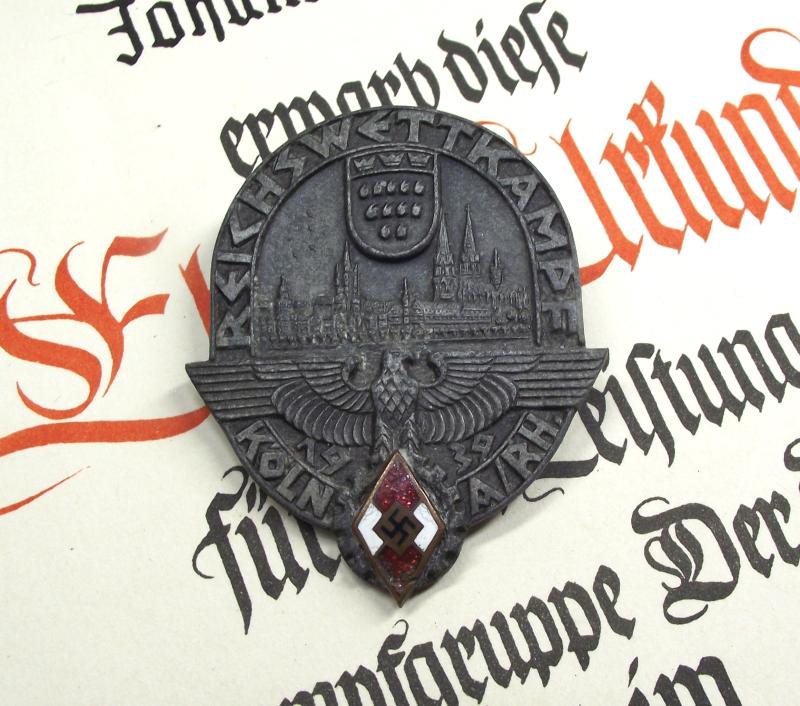 Hitler Youth 1939 Reichswettkampf Koln Participants Badge and Certificate.