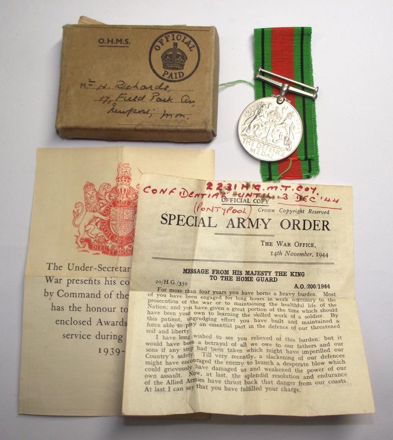 Boxed Defence Medal, Pontypool Home Guard Motor Transport Company.