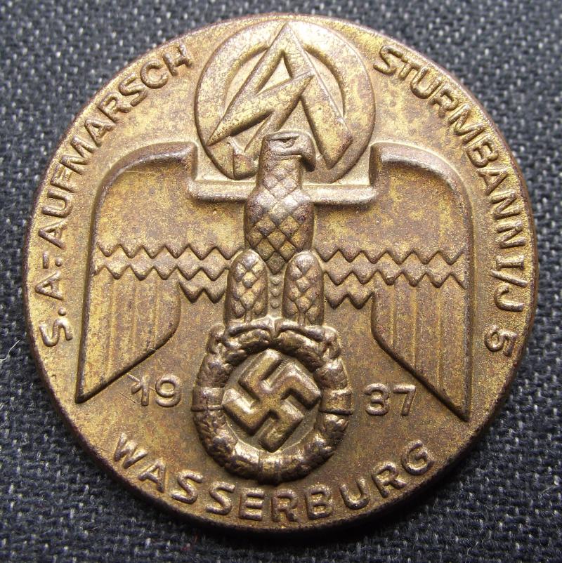 SA Event Badge/Tinnie. Aufmarsch Sturmbann I/J5 Wassenberg. 1937.