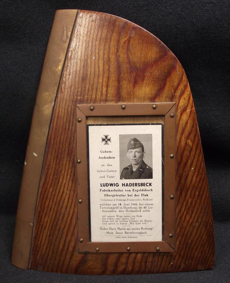 WW2 German Propeller Tip Memorial Frame with Death Card.