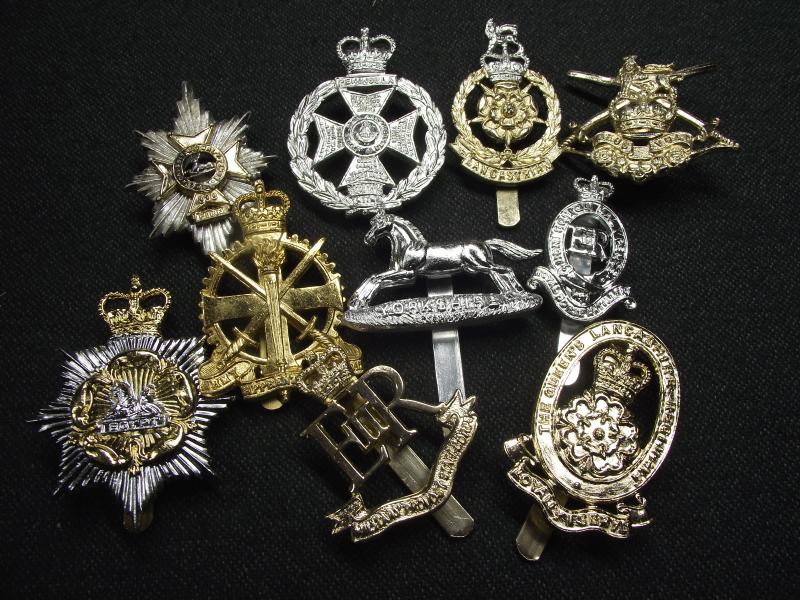 10 X British Military Anodised Regimental Cap Badges.
