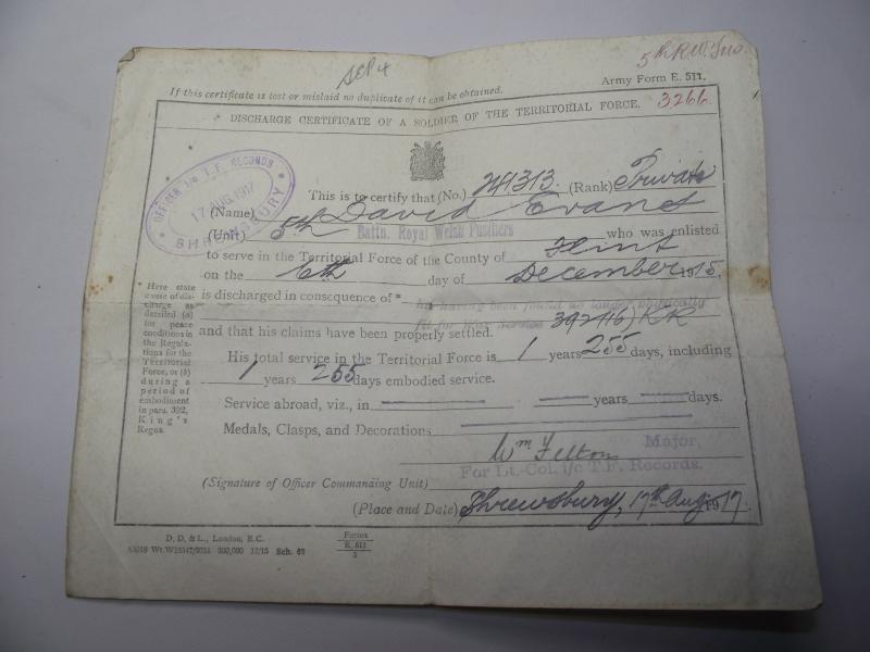 WW1 British Discharge Paperwork. 5th Battalion RWF. Penmachno North Wales.