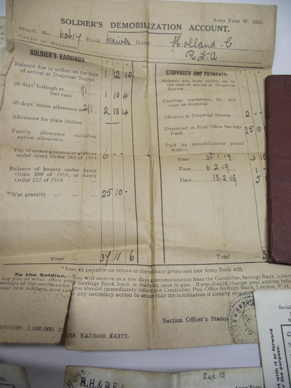 WW1 British Pay Book and Related Discharge Paperwork.