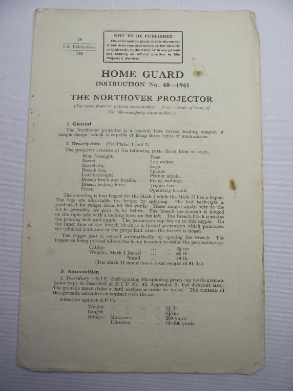 1940 Dated Local Defence Volunteers Training Instruction. Northover Projector.