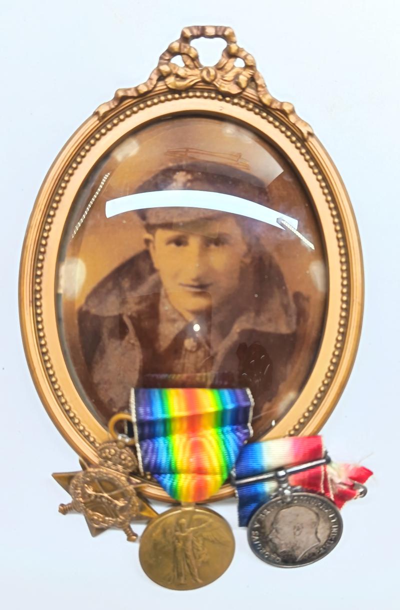 WW1 Medal Trio and Framed Photograph. Royal Warwickshire Regiment.