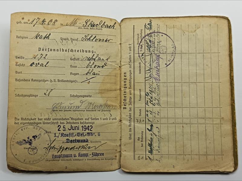 Heer Soldbuch. Motorised Infantry, Driver. Stomach Battalion.
