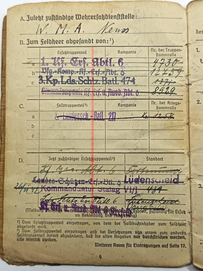 Heer Soldbuch. Motorised Infantry, Driver. Stomach Battalion.
