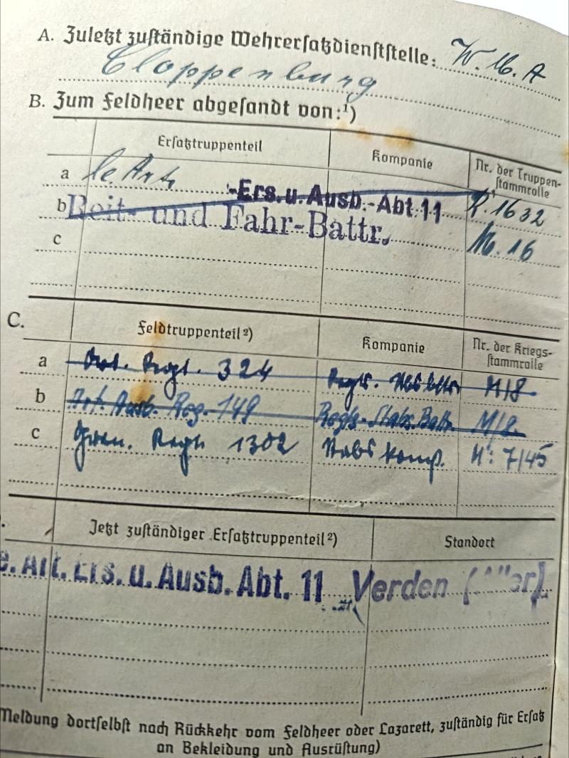 WW2 German Artillery Regiment Soldbuch and Wehrpass.