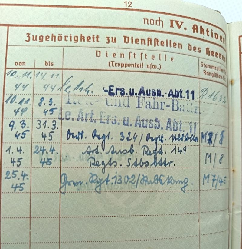WW2 German Artillery Regiment Soldbuch and Wehrpass.