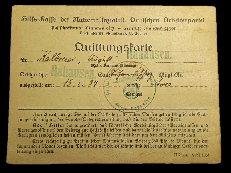 NSDAP Relief Fund Payment Card.
